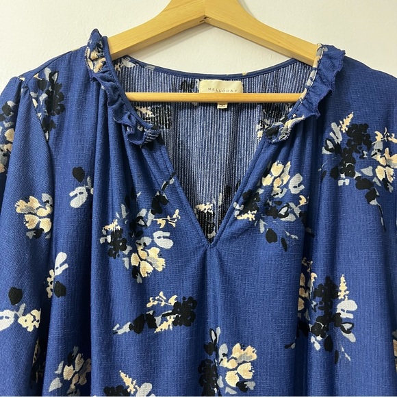 Melloday 2XL Blue Peasant Floral 3/4 sleeve Pullover Fairy Boho Ruffle Top - Picture 2 of 8
